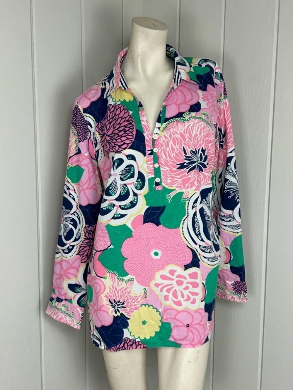 Talbots Floral Tunic Top Pink Blue Green Button Front Cotton Boho Preppy XL - Picture 5 of 10